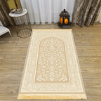 Ivory and gold ornate portable non-slip prayer mat with bordered arch pattern and fringe edge
