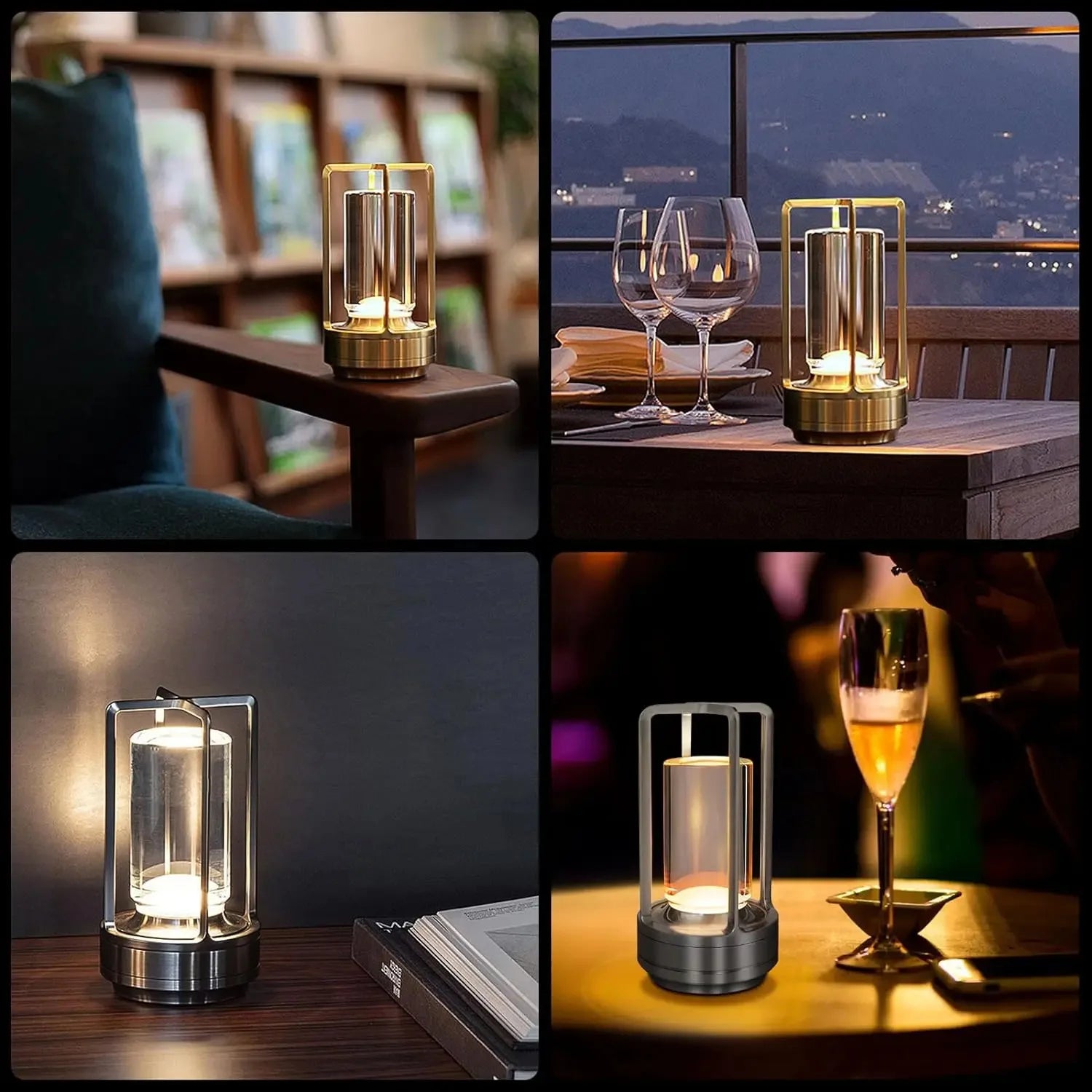 Cordless lantern table lamps in mixed finishes: golden and silver-toned