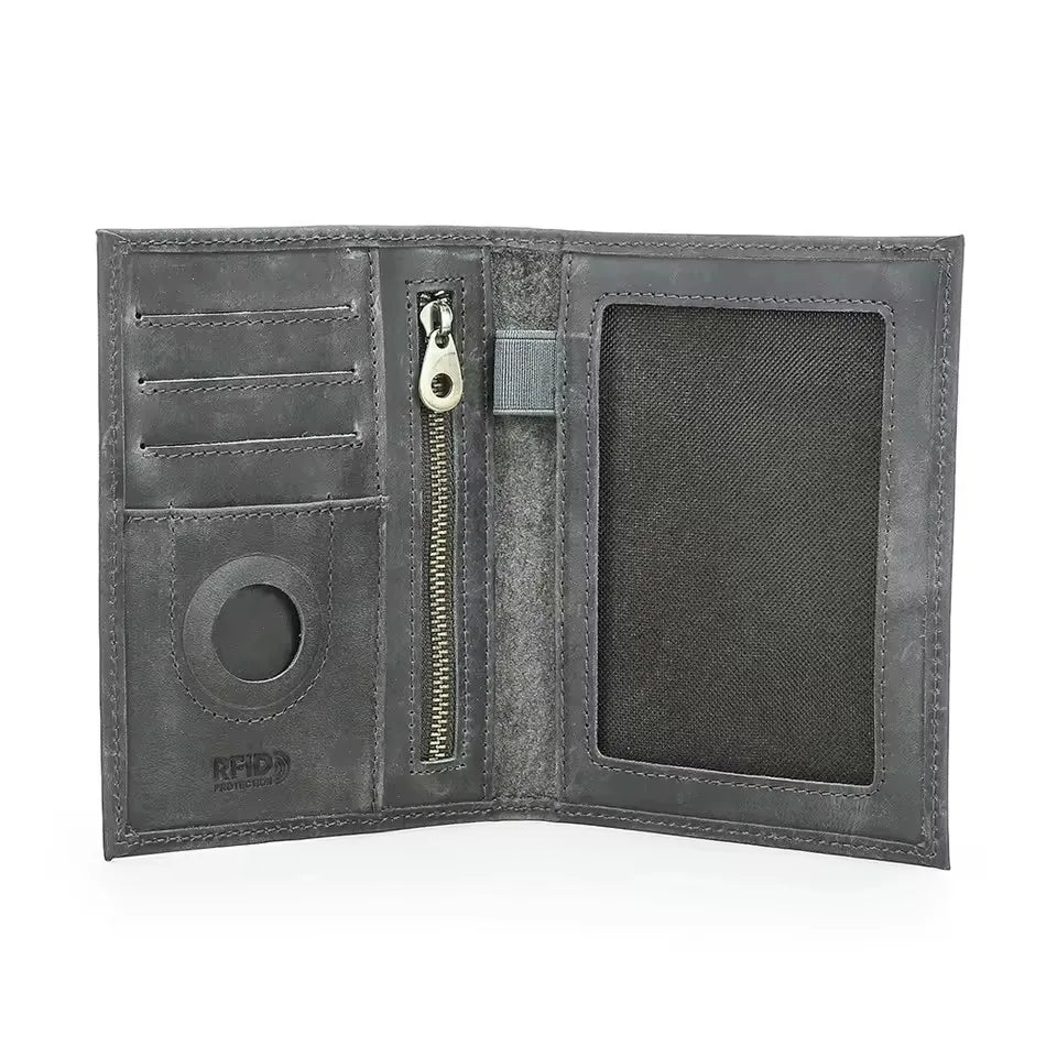 Slate grey leather passport wallet interior with card slots, zipper pocket, and ID window
