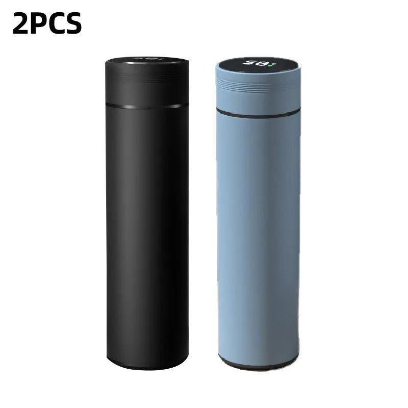 Set of 2 smart thermos flasks in black and light blue, with lids and cups