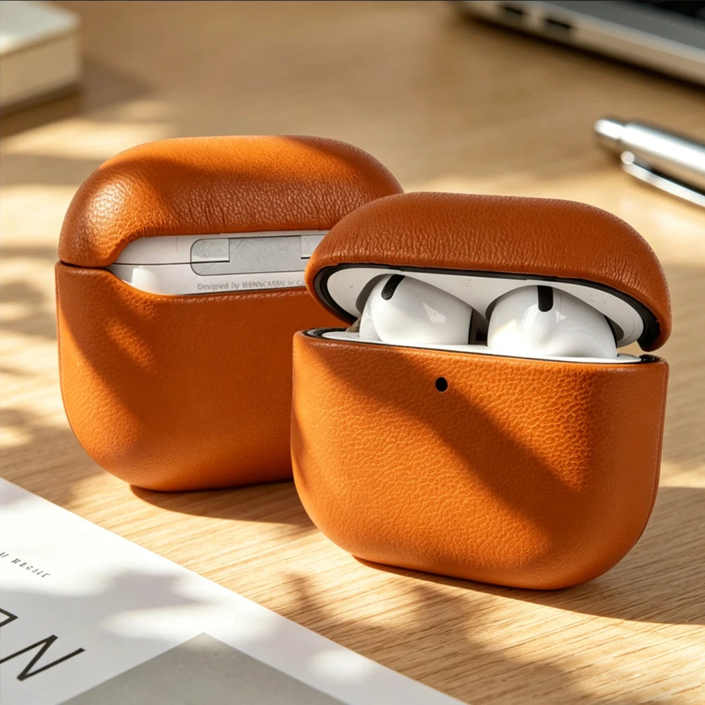 Warm brown eco leather AirPods cases, one open and one closed, with earbuds inside