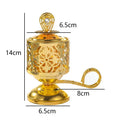 Arabesque incense burner dimensions: 14 cm tall, 6.5 cm top, 8 cm base, gold