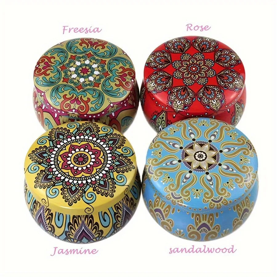 Scented candle lids: Freesia, Rose, Jasmine, sandalwood, with mandala patterns