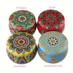 Scented candle lids: Freesia, Rose, Jasmine, sandalwood, with mandala patterns