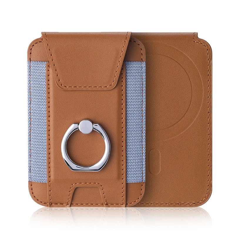Magnetic card wallet in tan with ring holder and card sleeve