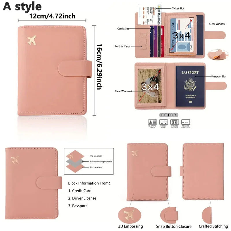 Blush pink passport folio with snap closure and multiple card slots, front view