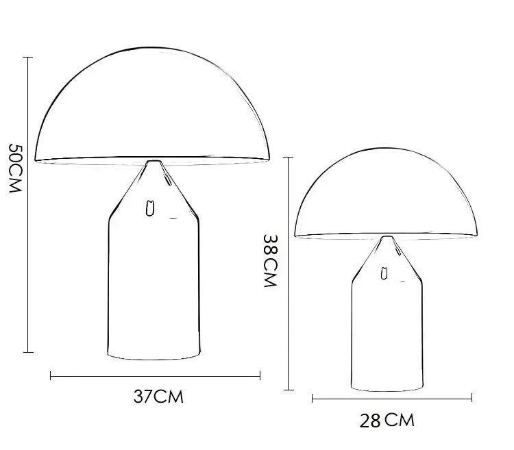 Mushroom LED table lamp size chart: 37cm and 28cm height measurements