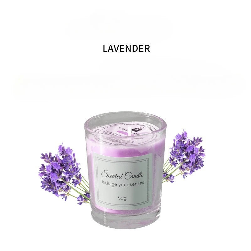 Lavender scented candle in clear glass with purple flowers, 55g label.