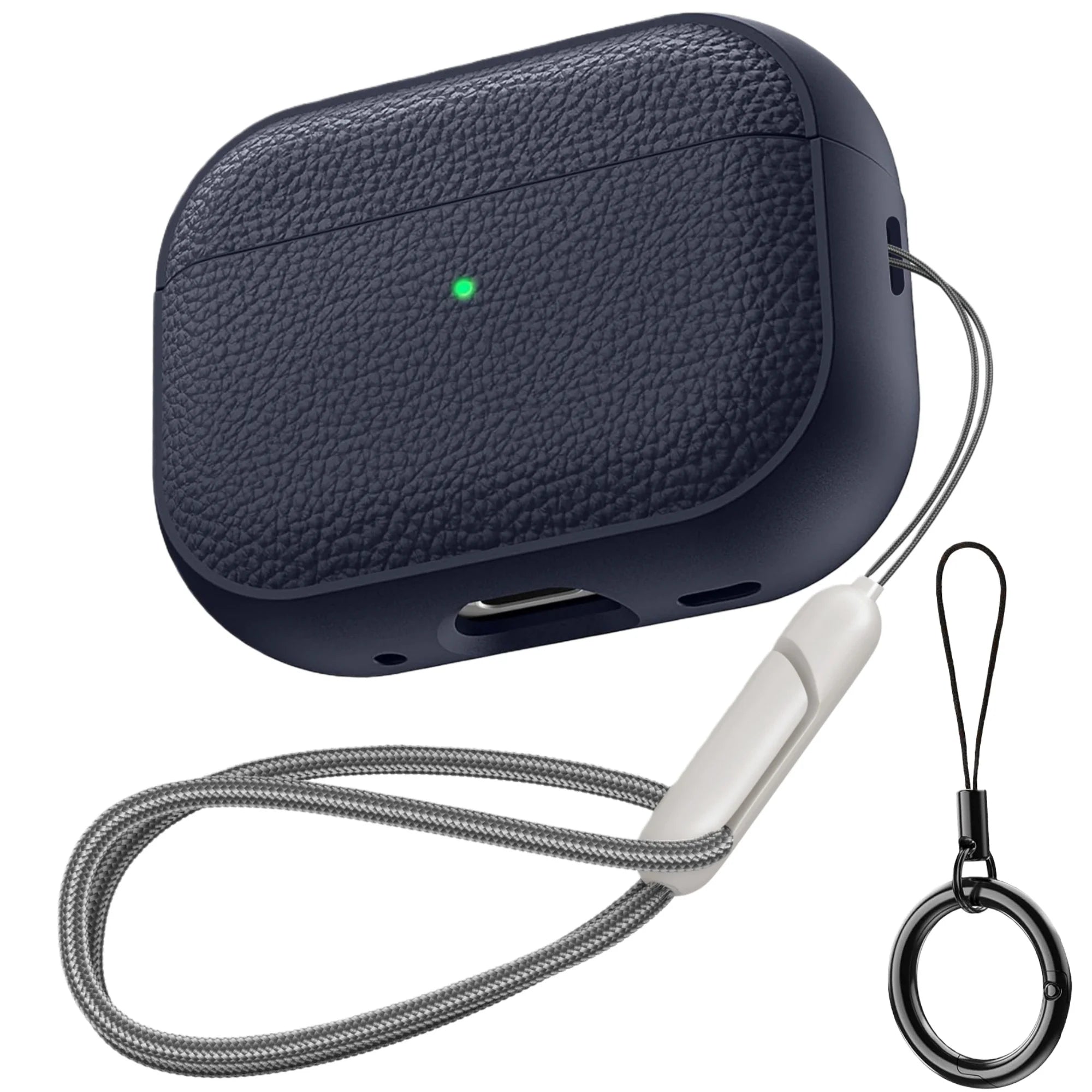 Sapphire blue textured TPU AirPods case with keychain ring and braided lanyard strap
