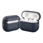 Dark blue leather AirPods Pro case with lid open, earbuds shown inside