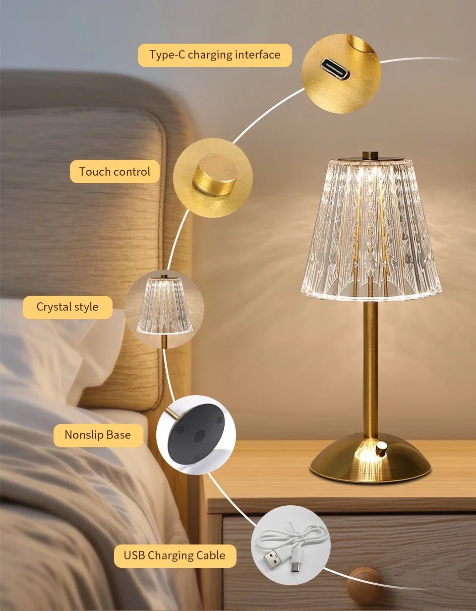 Cordless night lamp with clear crystal-style shade, gold base, and USB Type-C port