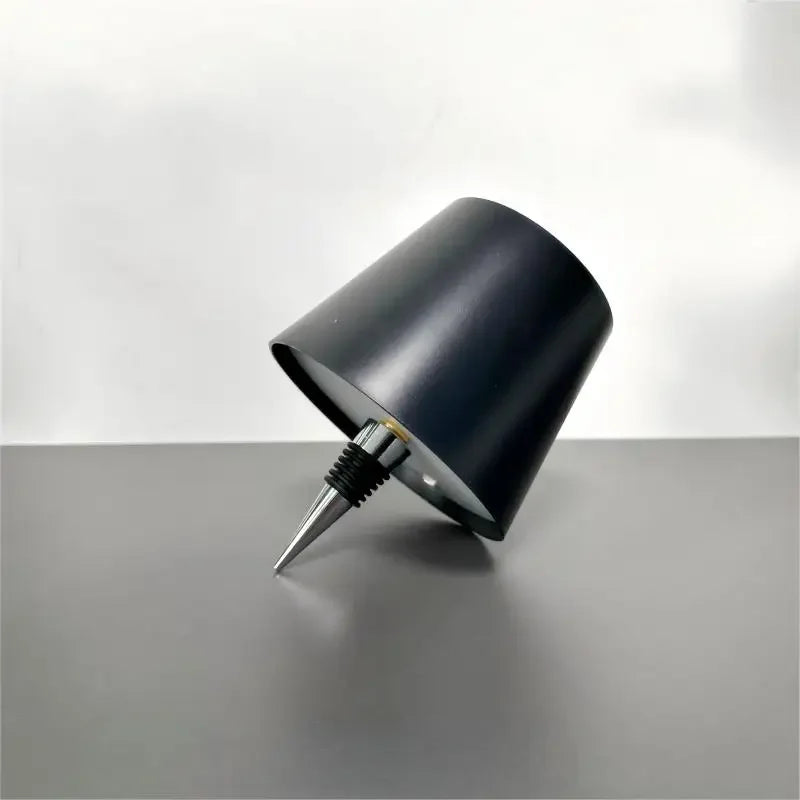 Wireless LED wine bottle lamp, obsidian black cylindrical shade with spike base