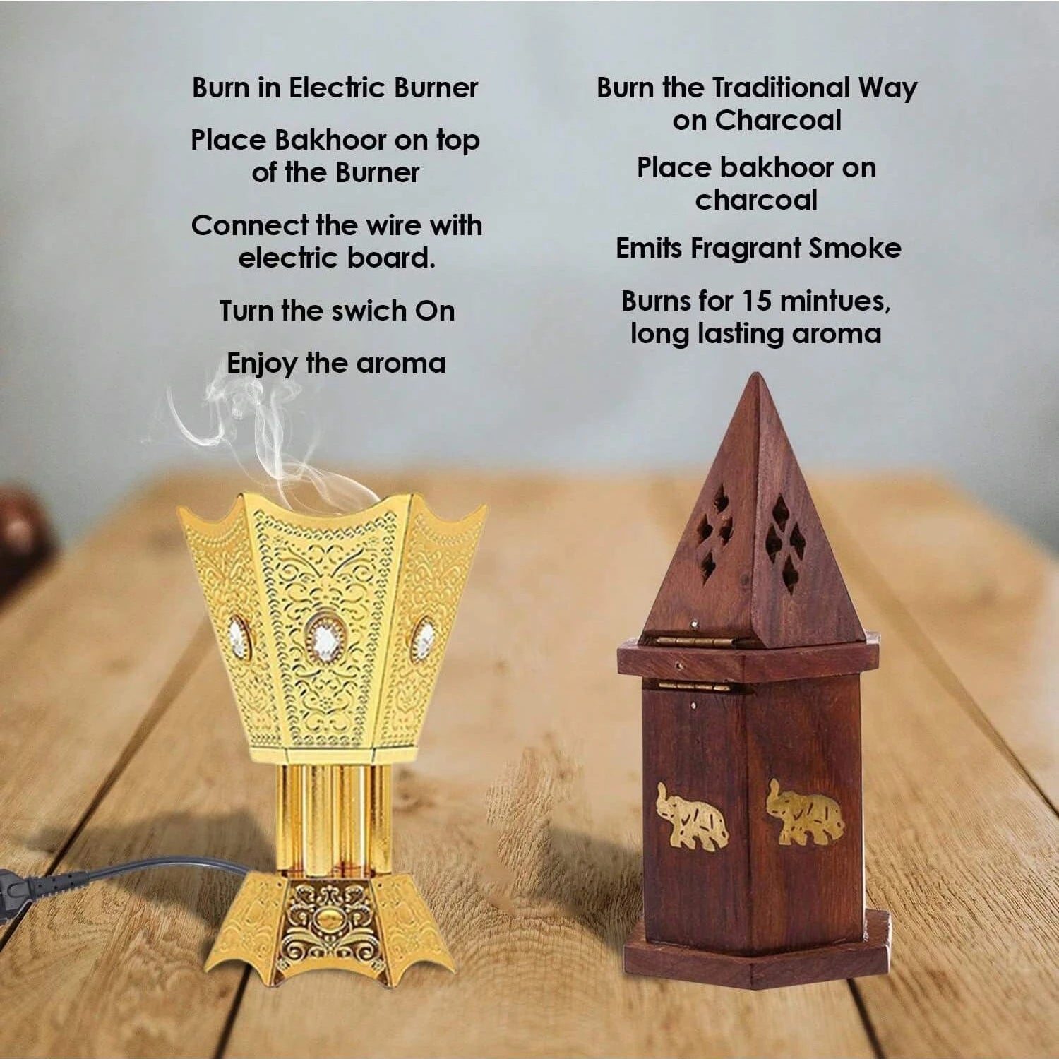 Electric incense burner and traditional charcoal burner with visible smoke