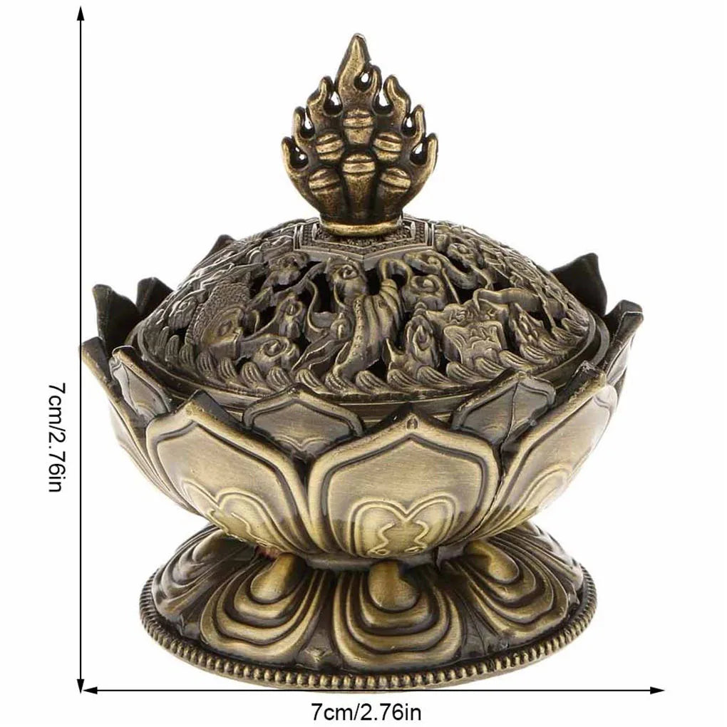 Antique bronze lotus incense burner with flame finial, carved dome and scalloped pedestal