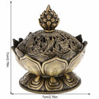 Antique bronze lotus incense burner with flame finial, carved dome and scalloped pedestal