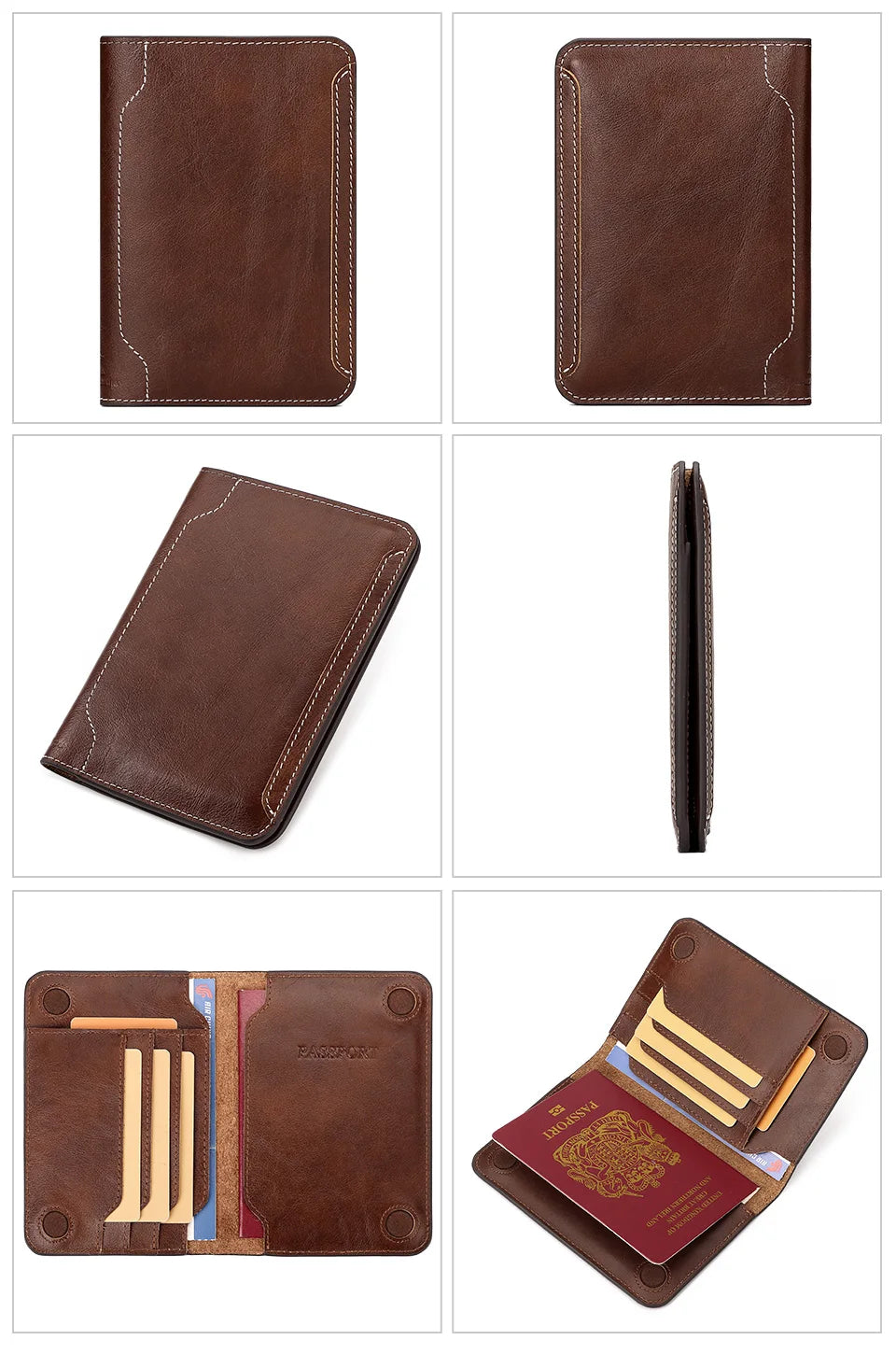 Slim leather passport wallet set of views: front, back, side profile, and card layout