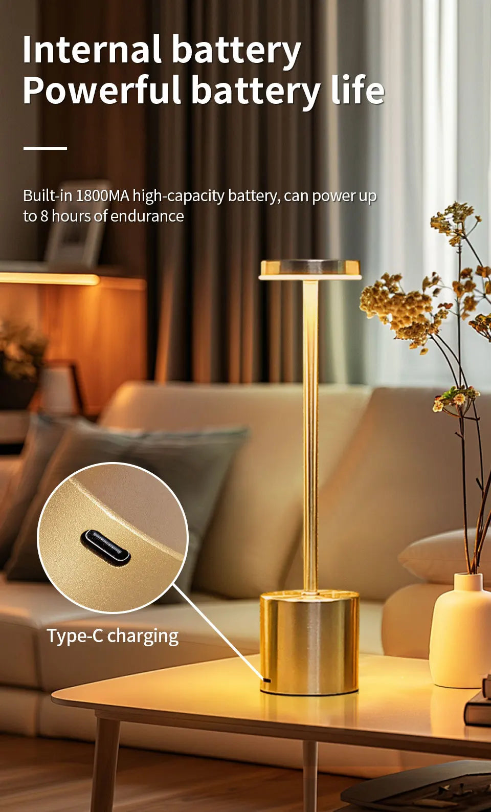 Rechargeable table lamp in dark finish, built-in battery; Type-C charging port