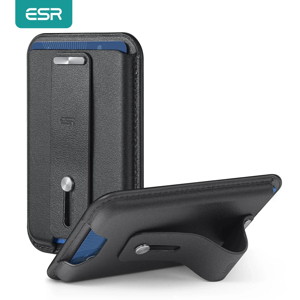 Black wallet case with magnetic card holder and rear kickstand