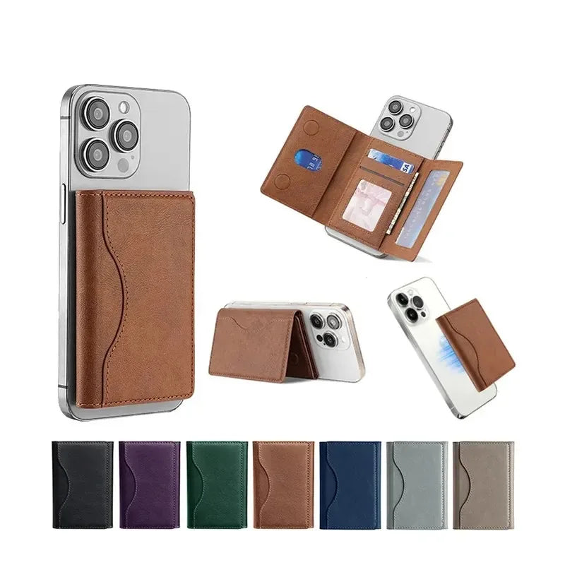 Brown multi-card wallet with magnetic backing, shown on a phone