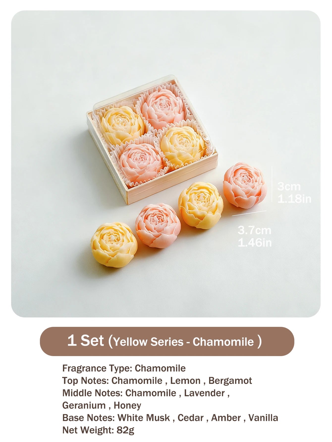 Rose candle gift set, yellow chamomile: 1 box and rose candles shown separately