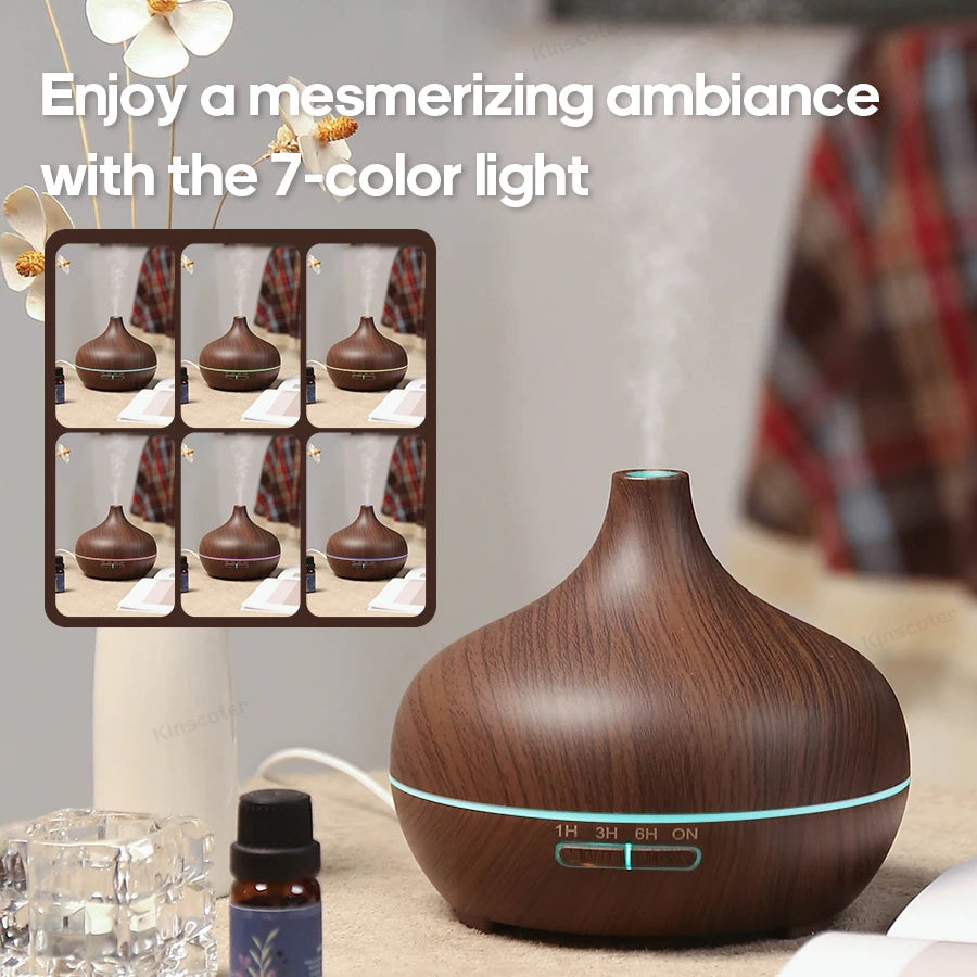 Dark wood grain aroma diffuser with multicolor LED light strip and mist