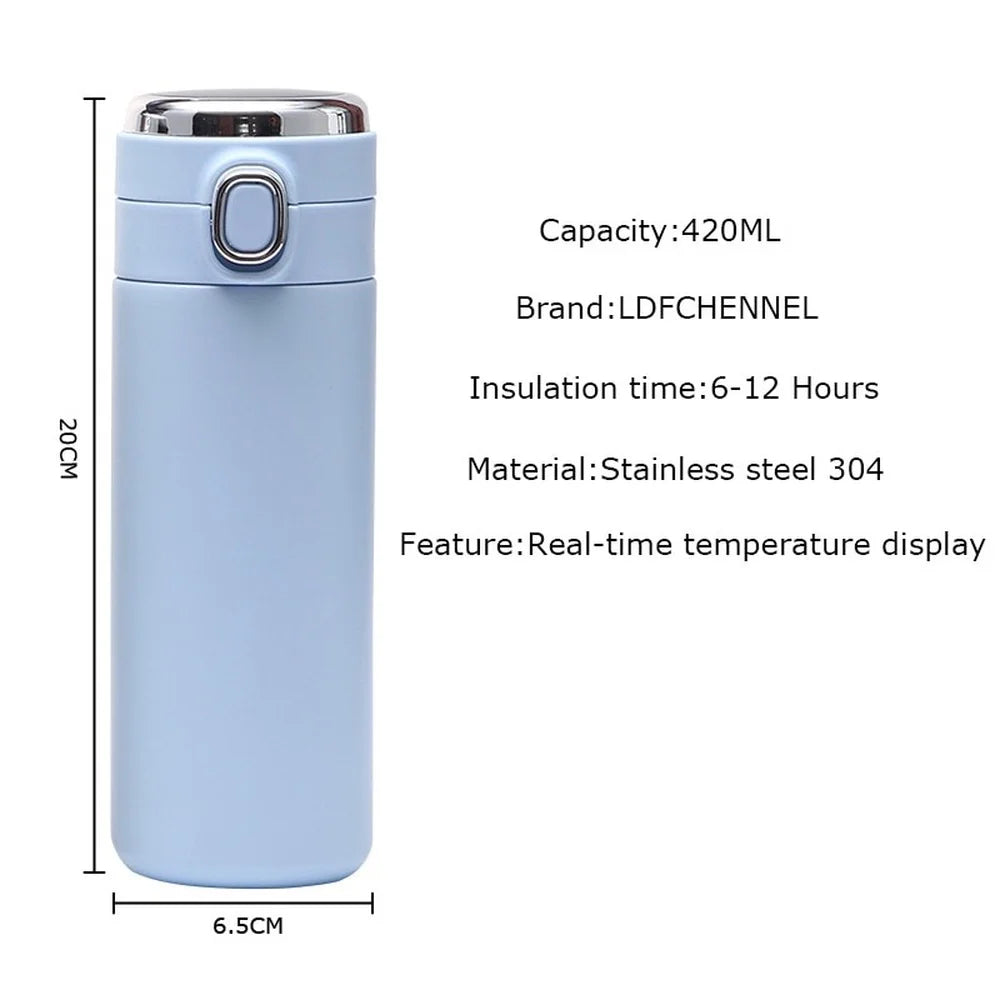 Light blue compact smart thermos, 400ml, with front control ring and lid