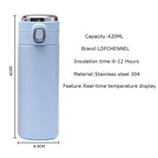 Light blue compact smart thermos, 400ml, with front control ring and lid