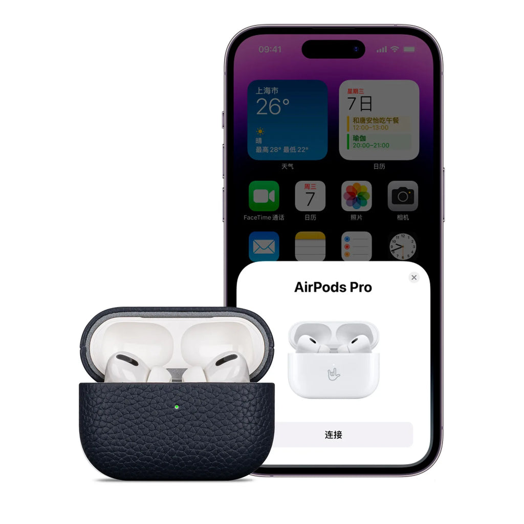 Dark blue leather AirPods Pro case on a phone screen, earbuds visible through open lid