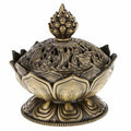 Antique bronze lotus incense burner with flame finial, carved lotus dome and pedestal
