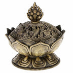 Antique bronze lotus incense burner with flame finial, carved lotus dome and pedestal
