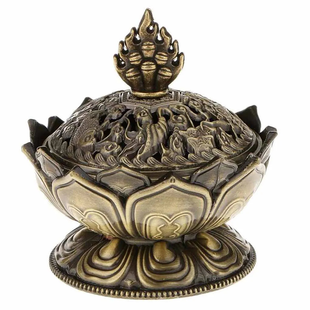 Antique bronze lotus incense burner with flame finial, carved lotus dome and pedestal