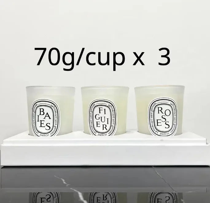 70g x 3 candle set in glass cups: BAIES, FIGUIER, ROSES labels
