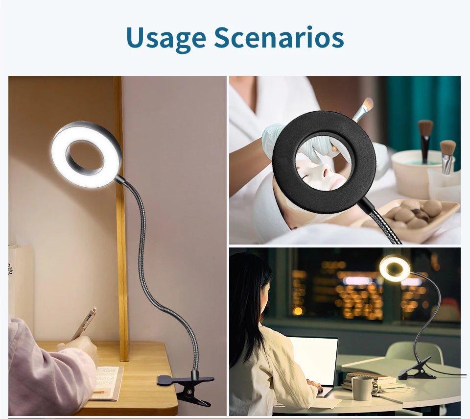 Ring light reading lamp clipped to a desk, glowing circular ring light