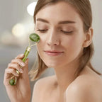 Woman holding green jade roller against cheek, gold details visible