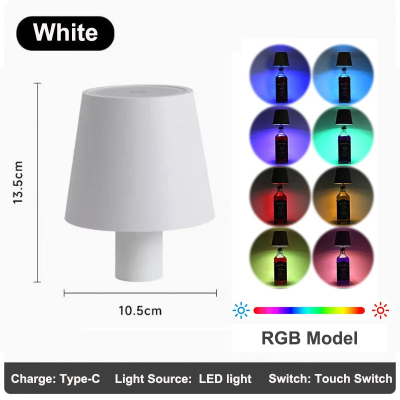 White outdoor LED bottle lamp with tapered shade and built-in top light