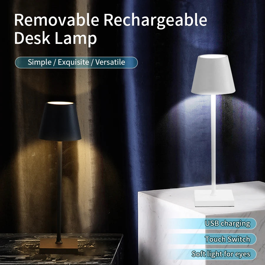 Cordless LED desk lamp in Pearl White with conical shade and lit base