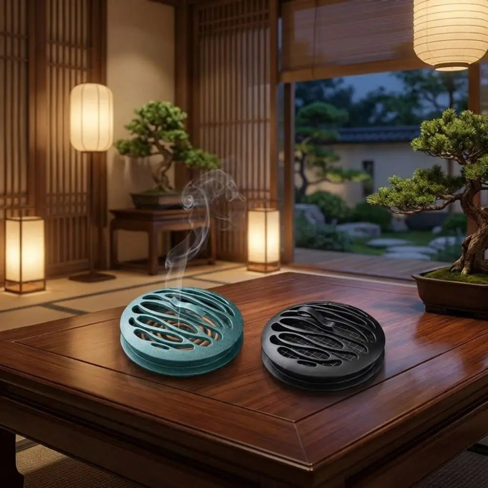 Blue and black round incense burners with smoke drifting upward