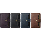 Leather MagSafe wallet set in purple, black, blue, and brown with snap closures