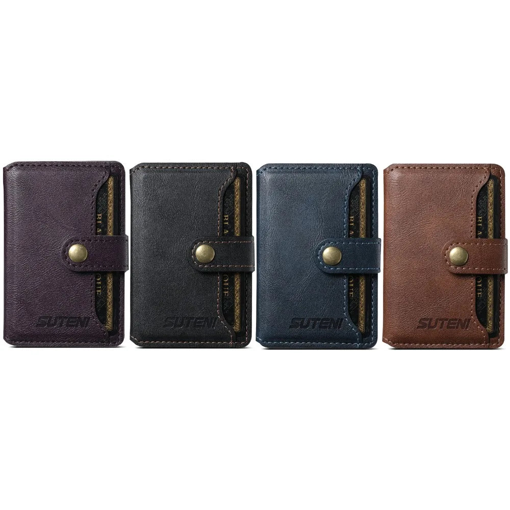 Leather MagSafe wallet set in purple, black, blue, and brown with snap closures