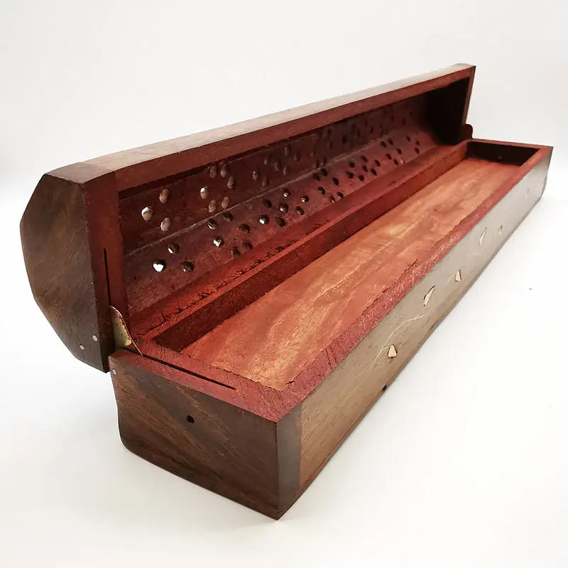 Carved rosewood incense box with open lid and perforated panel over red-lined tray