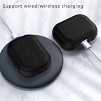 Black leather AirPods case with charging port access, wired/wireless charging support