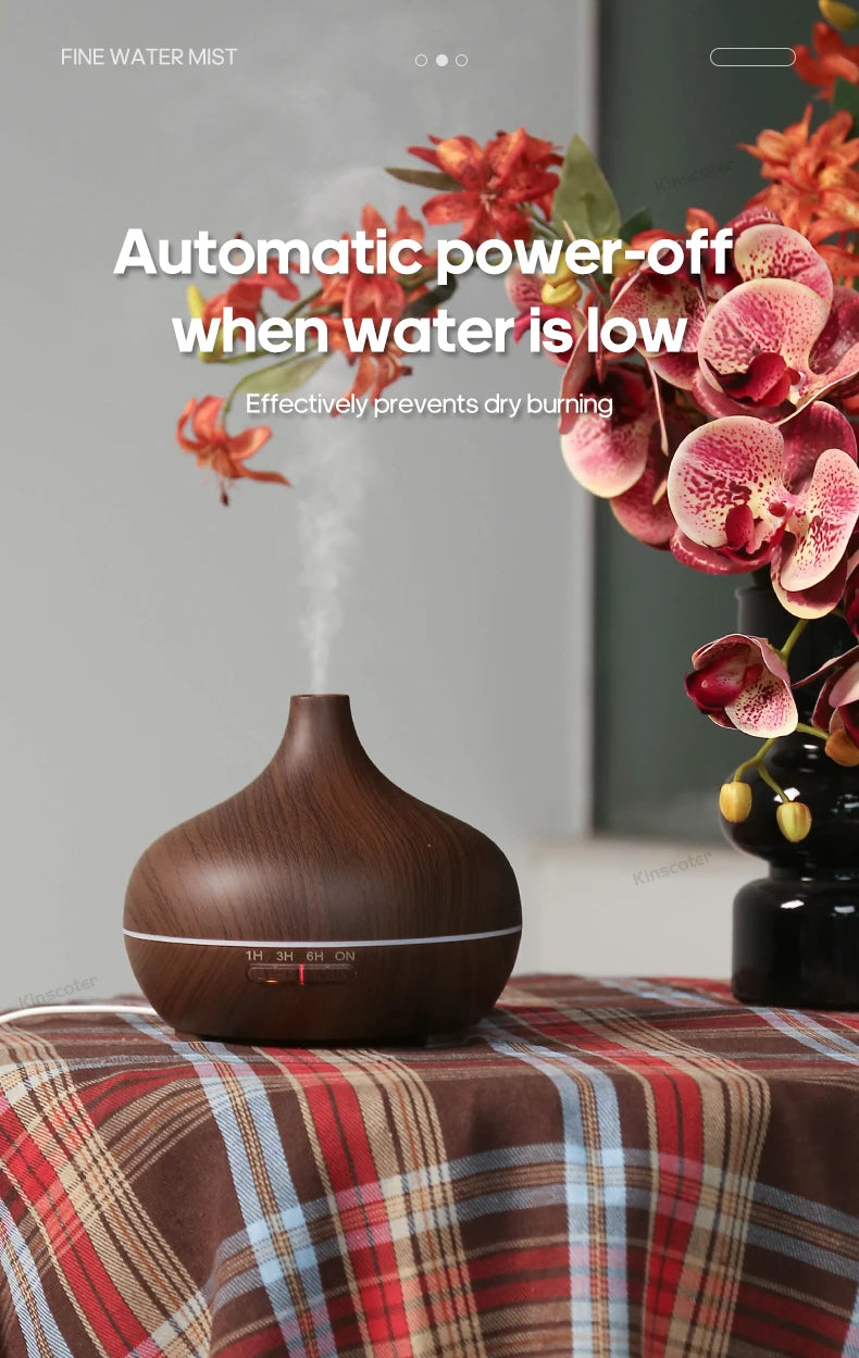 Dark wood grain ultrasonic aroma diffuser with fine mist and automatic power-off