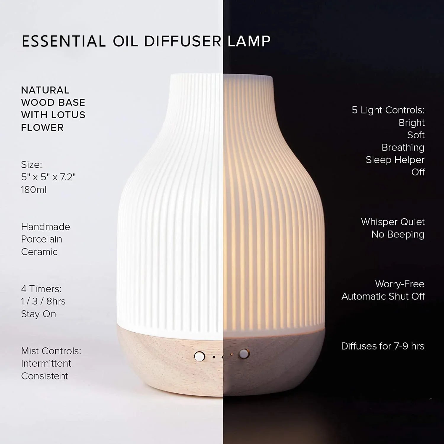 Aroma diffuser with white ribbed ceramic top and wood base, light controls on display