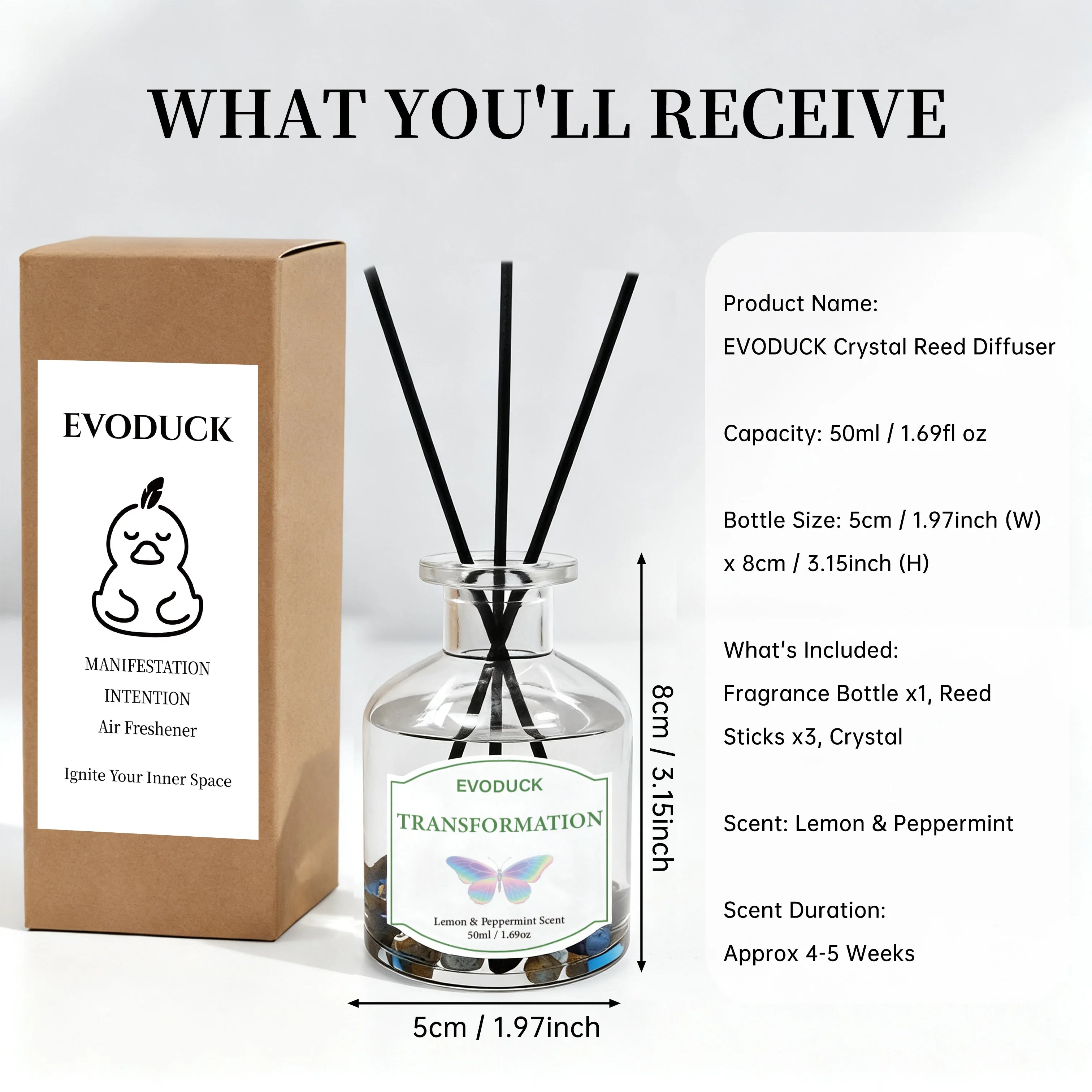 Botanical reed diffuser set, 100ml—lemon & peppermint scent with 3 black reeds