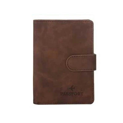 Brown passport folio with side strap tab, stitched border, and embossed “PASSPORT”