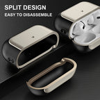 Champagne gold AirPods case with black leather trim, earbuds partially inside