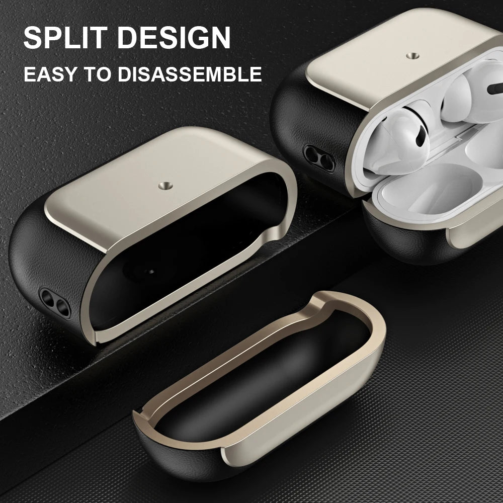 Champagne gold AirPods case with black leather trim, earbuds partially inside