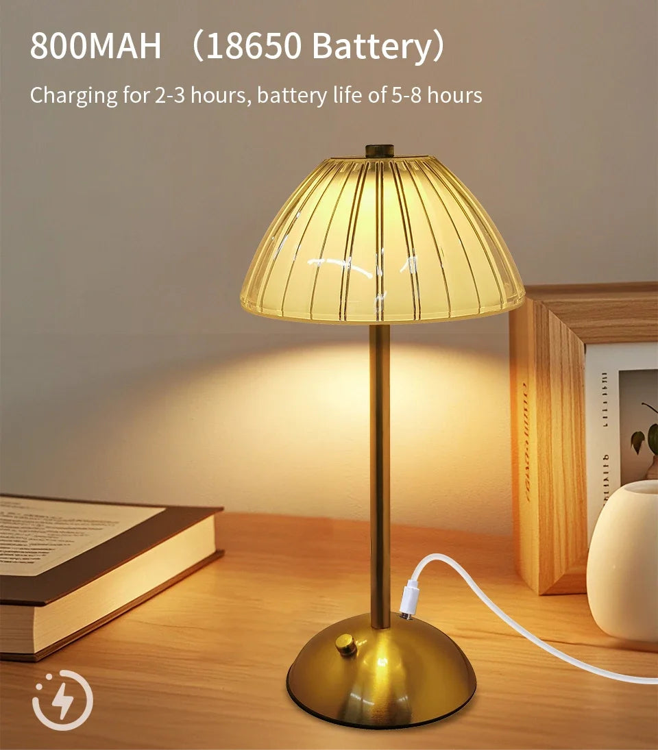 Cordless dimmable lamp with ribbed golden dome shade, gold base, and charging cable