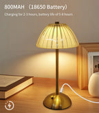 Cordless dimmable lamp with ribbed golden dome shade, gold base, and charging cable