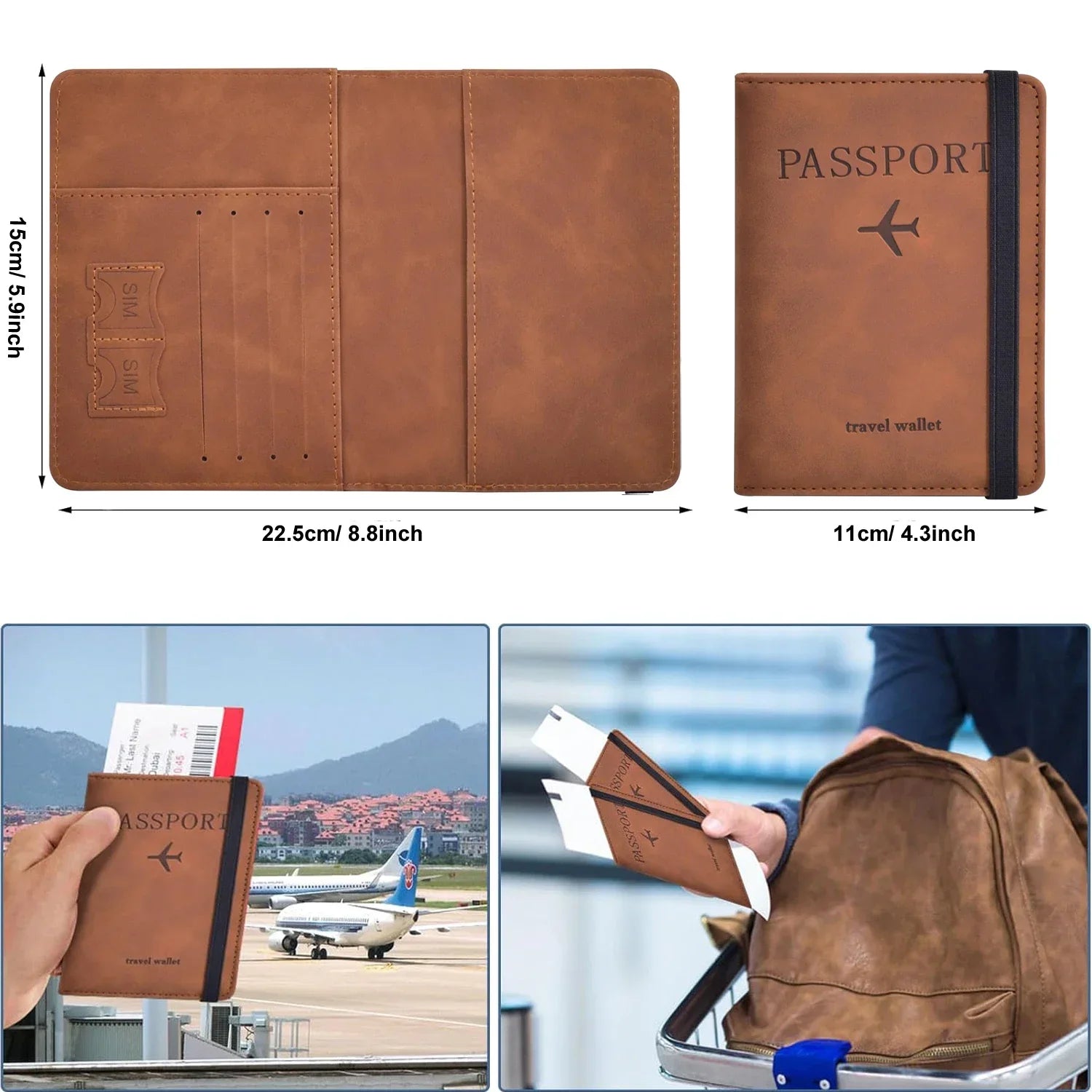 Brown passport wallet dimensions view: 11cm folded, 15cm tall when closed